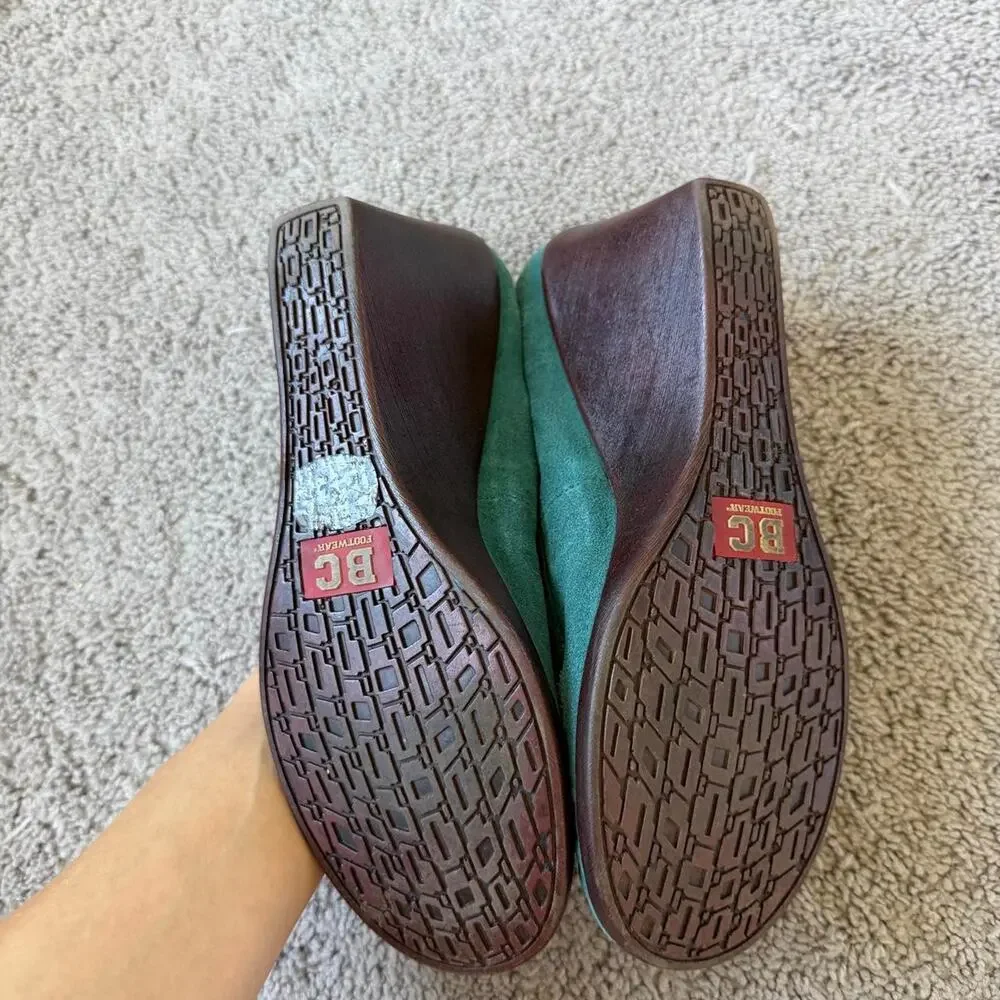 BC Footwear teal suede wedge loafers with embroidered and beaded floral design